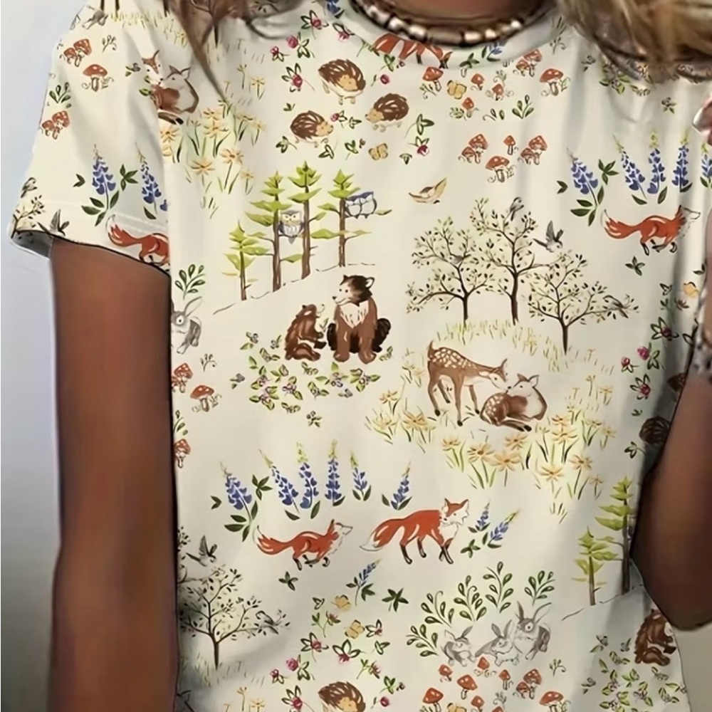 Source Unknown Cream Woodland Animals Short Sleeve Tee